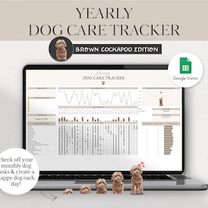 May include: A Google Sheets spreadsheet on a laptop screen titled "Yearly Dog Care Tracker - Brown Cockapoo Edition". The spreadsheet includes a calendar, graphs, and checkboxes for tracking dog care tasks. The image also features a brown cockapoo dog illustration.