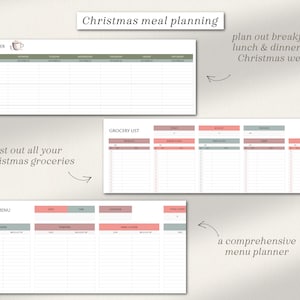 May include: Printable Christmas meal planning worksheets with sections for a meal planner, grocery list, and a comprehensive menu planner. The worksheets have a light green, light pink, and light gray color scheme.