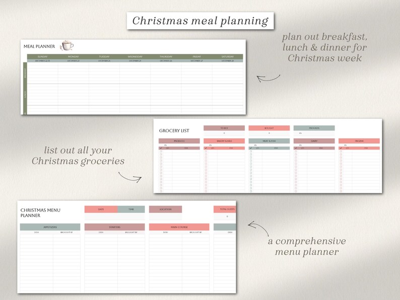May include: Printable Christmas meal planning worksheets with sections for a meal planner, grocery list, and a comprehensive menu planner. The worksheets have a light green, light pink, and light gray color scheme.