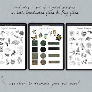 May include: Three digital screens displaying a set of black and white digital stickers for use in Goodnotes and PNG files. The stickers feature a variety of images including mushrooms, a skull, a bat, a wolf, a crow, a snake, a spider, a dragonfly, a crystal, a book, a feather, a flower, and a tree. The text "Digital Stickers" is displayed on each screen.