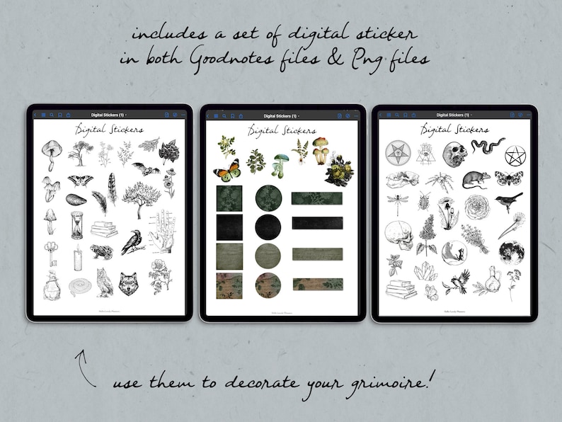 May include: Three digital screens displaying a set of black and white digital stickers for use in Goodnotes and PNG files. The stickers feature a variety of images including mushrooms, a skull, a bat, a wolf, a crow, a snake, a spider, a dragonfly, a crystal, a book, a feather, a flower, and a tree. The text "Digital Stickers" is displayed on each screen.