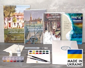All 4 products:Watercolor kit  Italy & France tutorials Sketchbook Venice PaintIN Sketchbook Fabriano paper FREE Express ship Mother's Gift