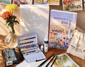 Beginner Watercolor Painting Art Kit For Adults "Spain" Pro-level Paints, Workbook, 3 Brushes,