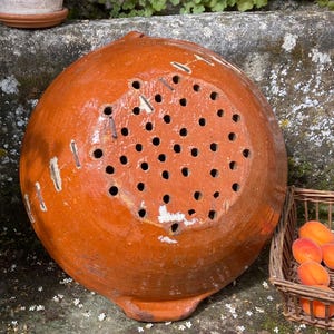Op de afbeelding: Een oranje keramische vergiet met talrijke kleine gaatjes, naast een klein rieten mandje gevuld met abrikozen. Een pot met geraniums met witte bloemen en een terracotta pot staan ook in de afbeelding.