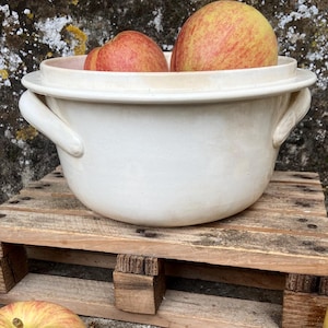 May include: A white ceramic bowl with handles, filled with red and yellow apples, sits on a small wooden pallet. Several apples are scattered around the pallet. The background is a weathered stone wall.