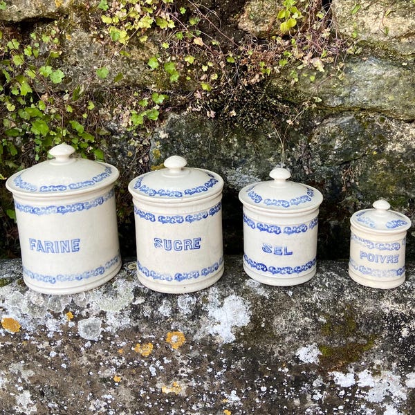 Antique French St Uze kitchen canister, cobalt blue Florals. Lidded Flour, sugar, salt and pepper. Fire ironstone. US import tariffs covered