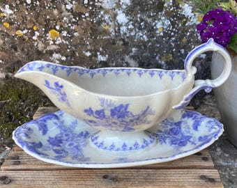 Antique French Ironstone Gravy Boat, lavender transferware, beautifully tea stained saucier, 'Flore' motif by U&C, US import tariffs covered