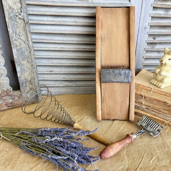 Antique French Kitchen Utensil Set: Cabbage Slicer, Rustic Whisk, Pasta Cutter