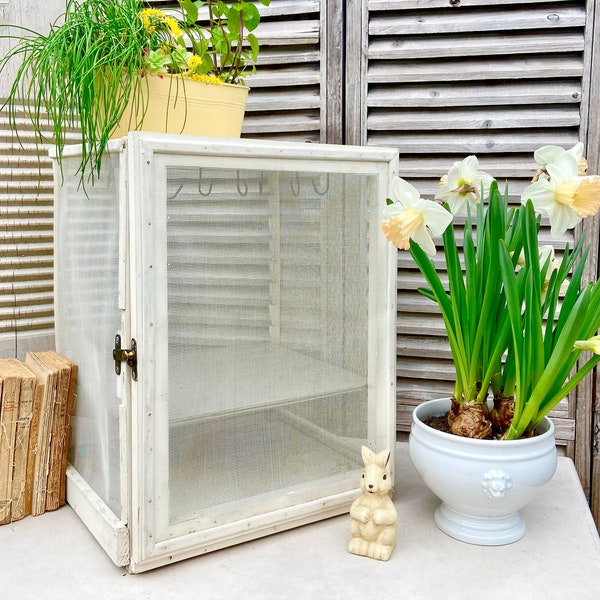 French farmhouse pie safe, creamy white food storage cabinet, garde-manger, vintage hand crafted wooden cheese keep, bistro style