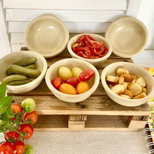 Vintage French butter pats, SET of 6 lovely beige speckle glazed terracotta dishes, shallow round appetizer bowls, ceramic aperitif dishes