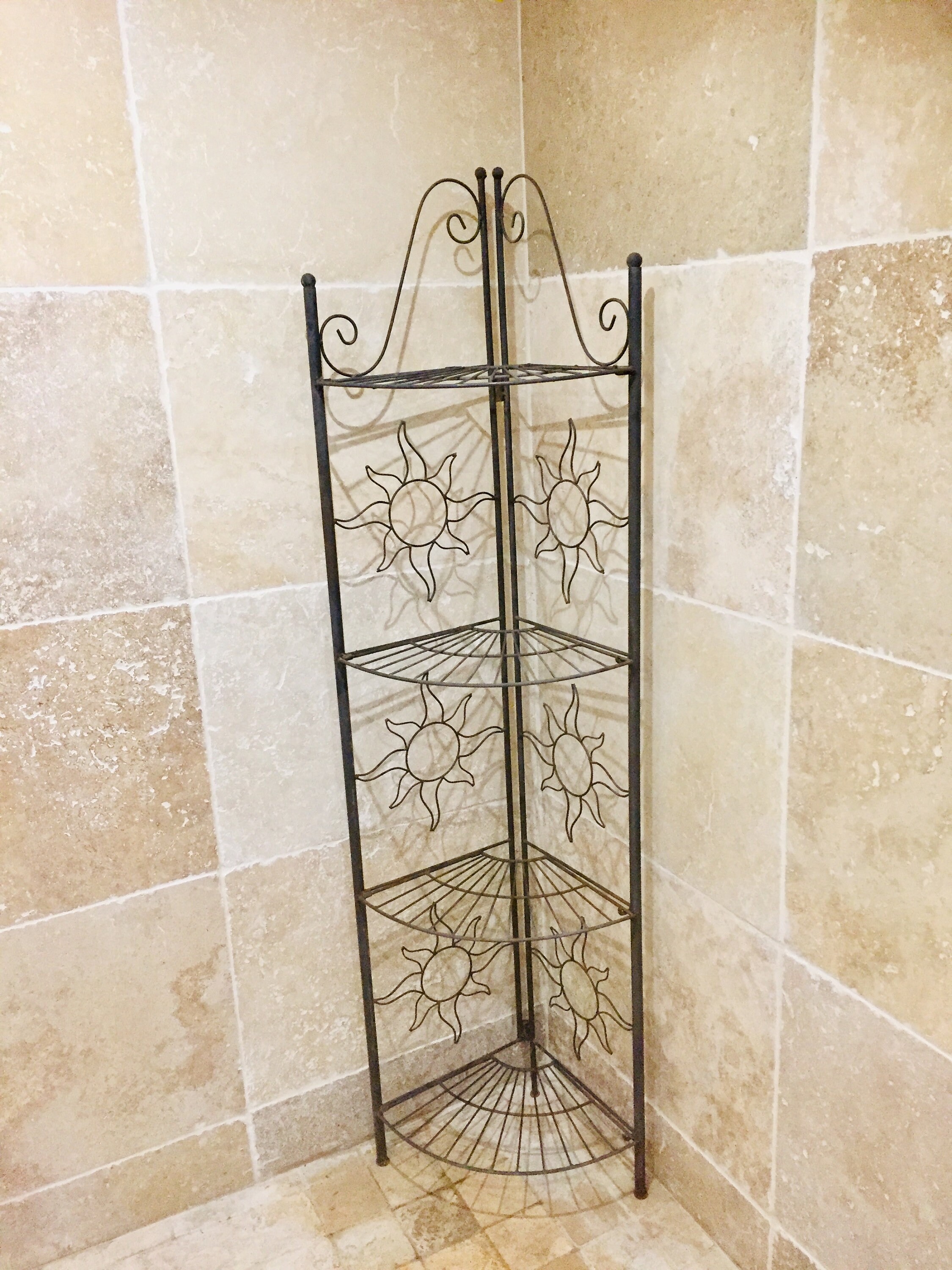French wrought iron folding shelf, tall 4 tier shabby vintage metal