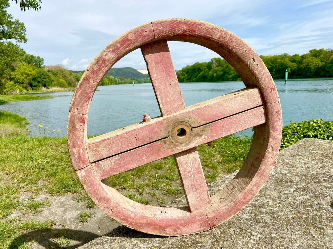 Antique French Wooden Flat Belt Pulley Wheel, Primitive Steam Punk