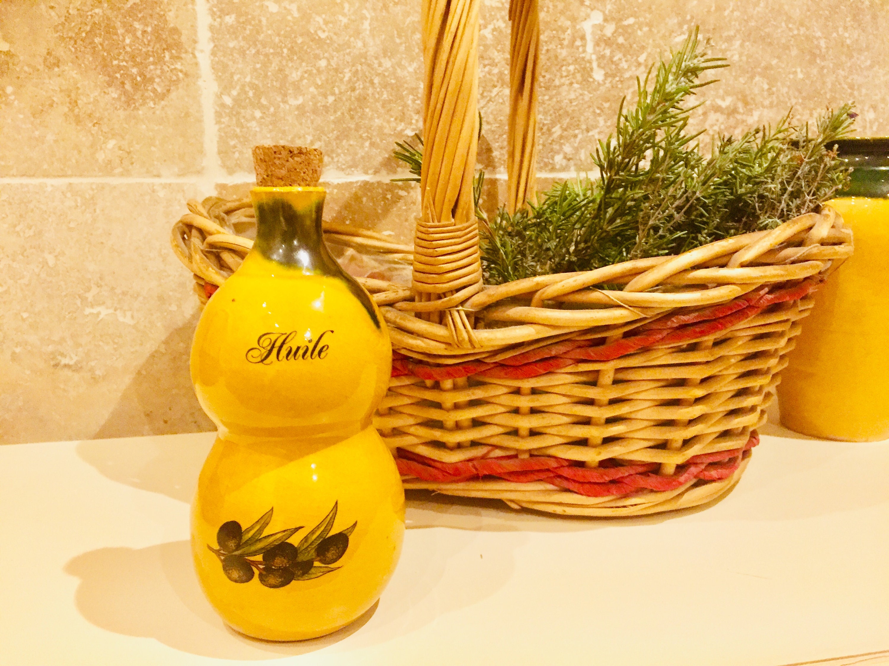 Olive oil dispenser, French vintage glazed ceramic oil cruet with cork