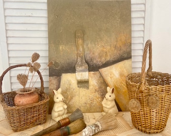 Unusual vintage painting with a real paint brush on an unframed hardboard, gorgeous hues of gold and khakis, signed at rear in French