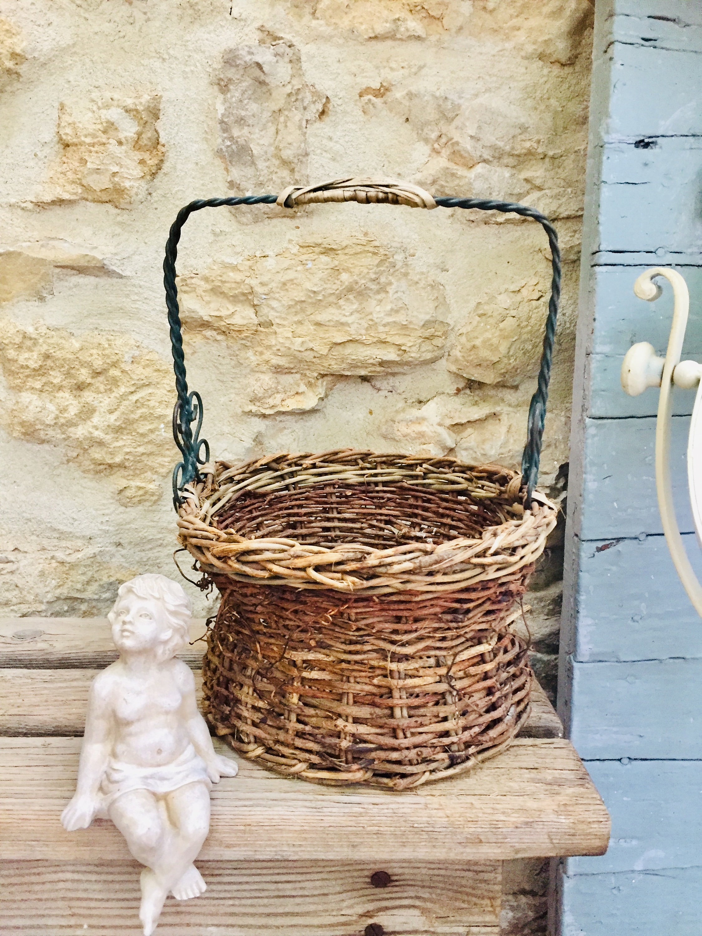 Antique basket, RARE wrought iron scroll metal rattan twine vintage