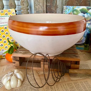 XL Vintage French Stoneware Mixing Bowl: Digoin Grespots Farmhouse Decor