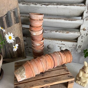 May include: A collection of small, terracotta flower pots, stacked and arranged on a wooden pallet. Some pots are stacked vertically, others horizontally. A ceramic bunny figurine and a potted plant with white daisies are also present.