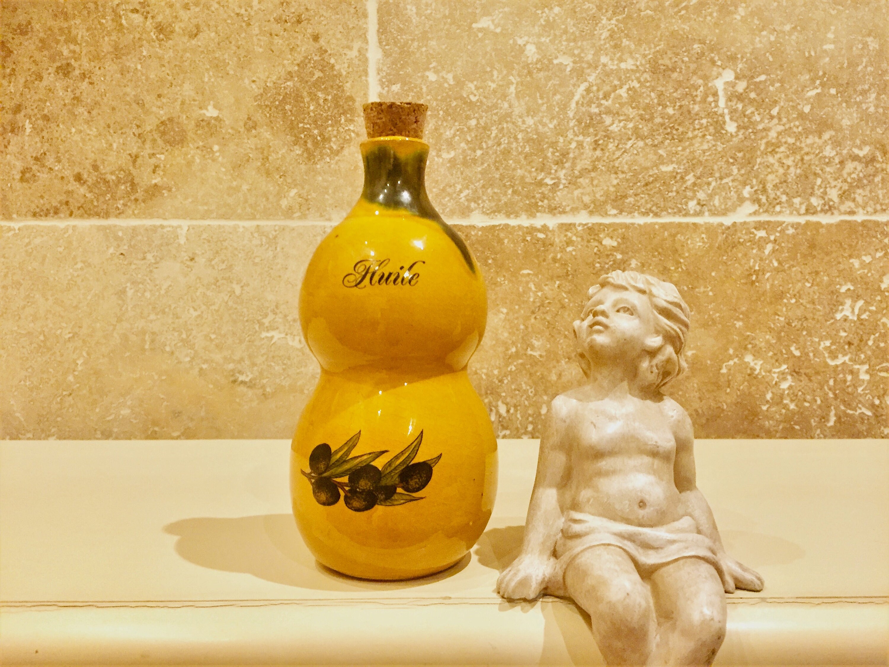 Olive oil dispenser, French vintage glazed ceramic oil cruet with cork