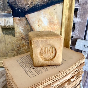 ONE authentic antique Marseille soap, old 400 g cube soap, fabulous patina, natural 1900&#39;s Savon de Marseille, bathroom laundry room décor