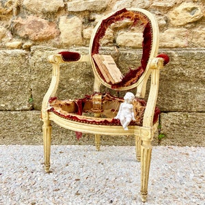 Antique French boudoir chair, 18th century carved wood medallion Voltaire, authentic Louis XV vanity bedroom armchair, shabby-chic glamour