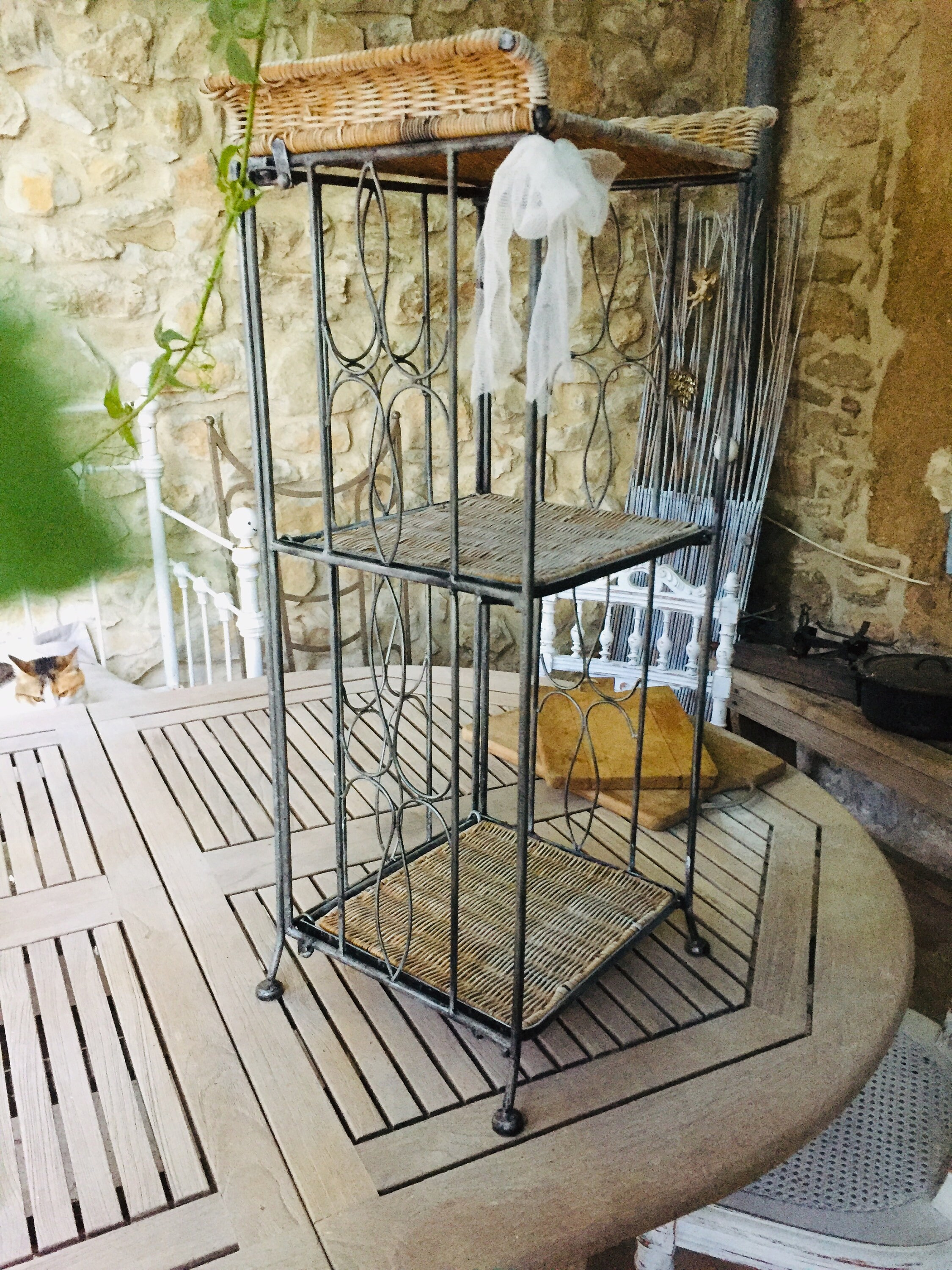 French vintage folding storage shelf, shabby white rattan wicker and
