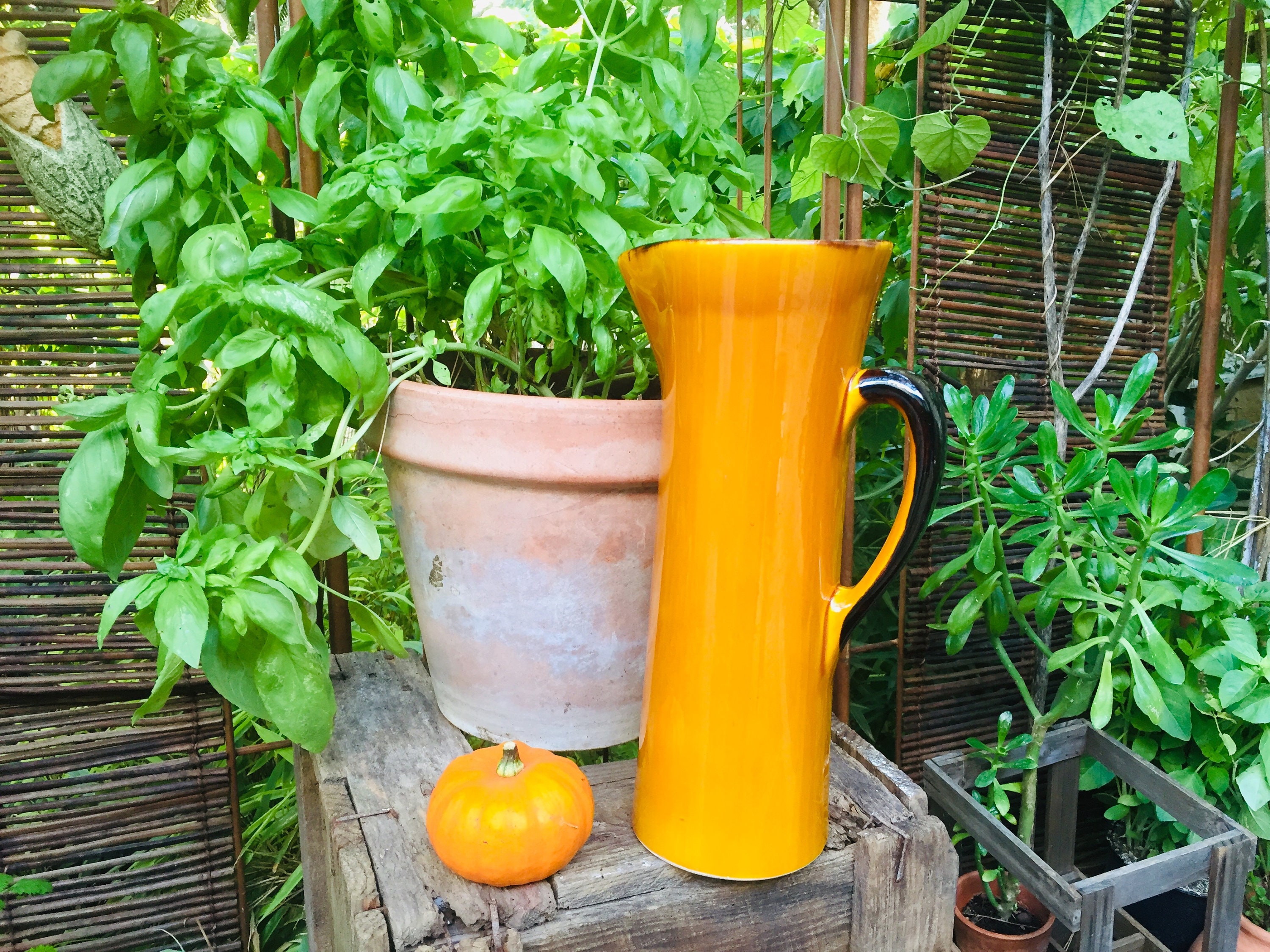 Tall mustard yellow vase, vintage handmade glazed terracotta flower