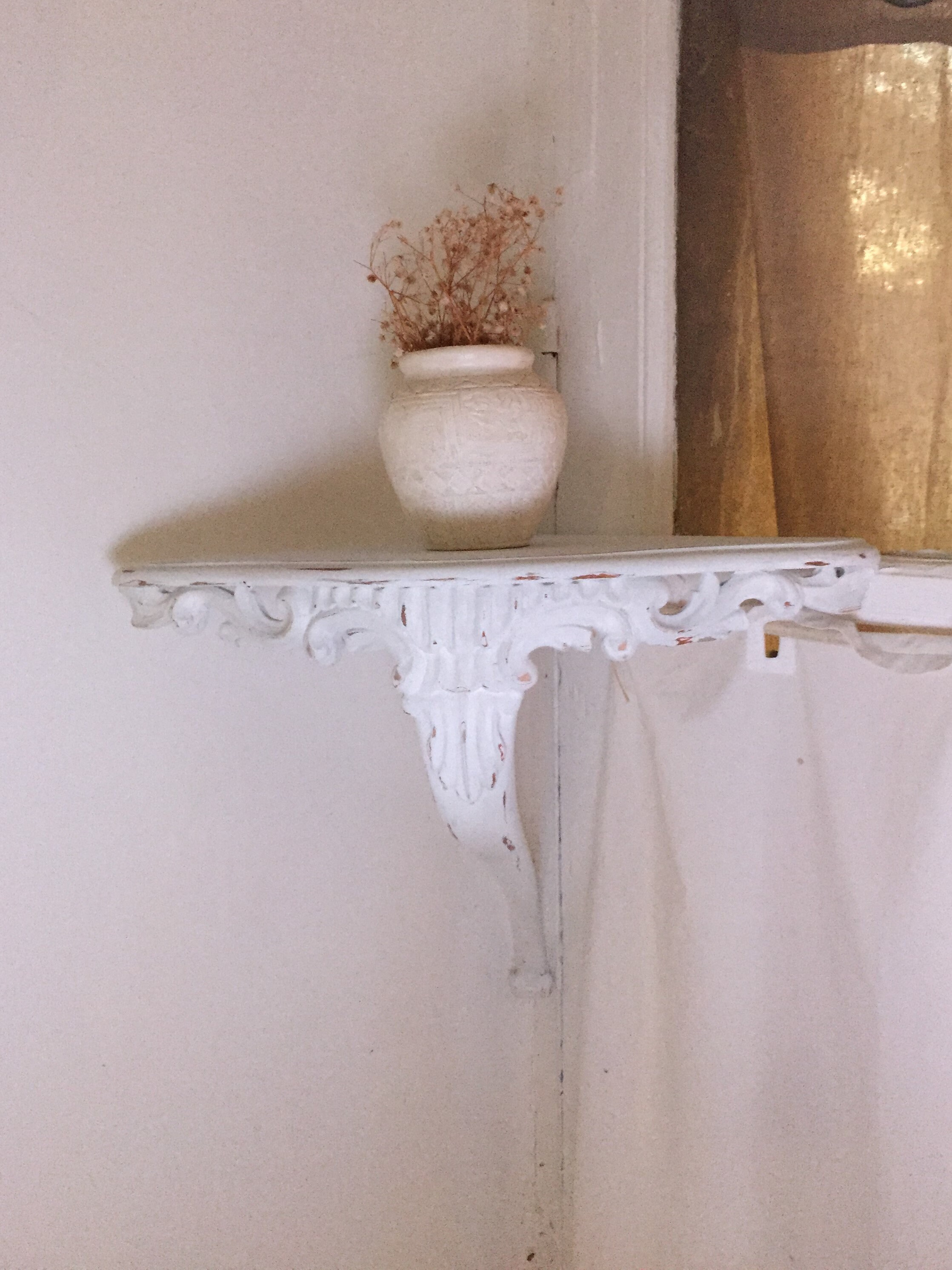 Shabby white vintage corner console shelf, Large antique white wall