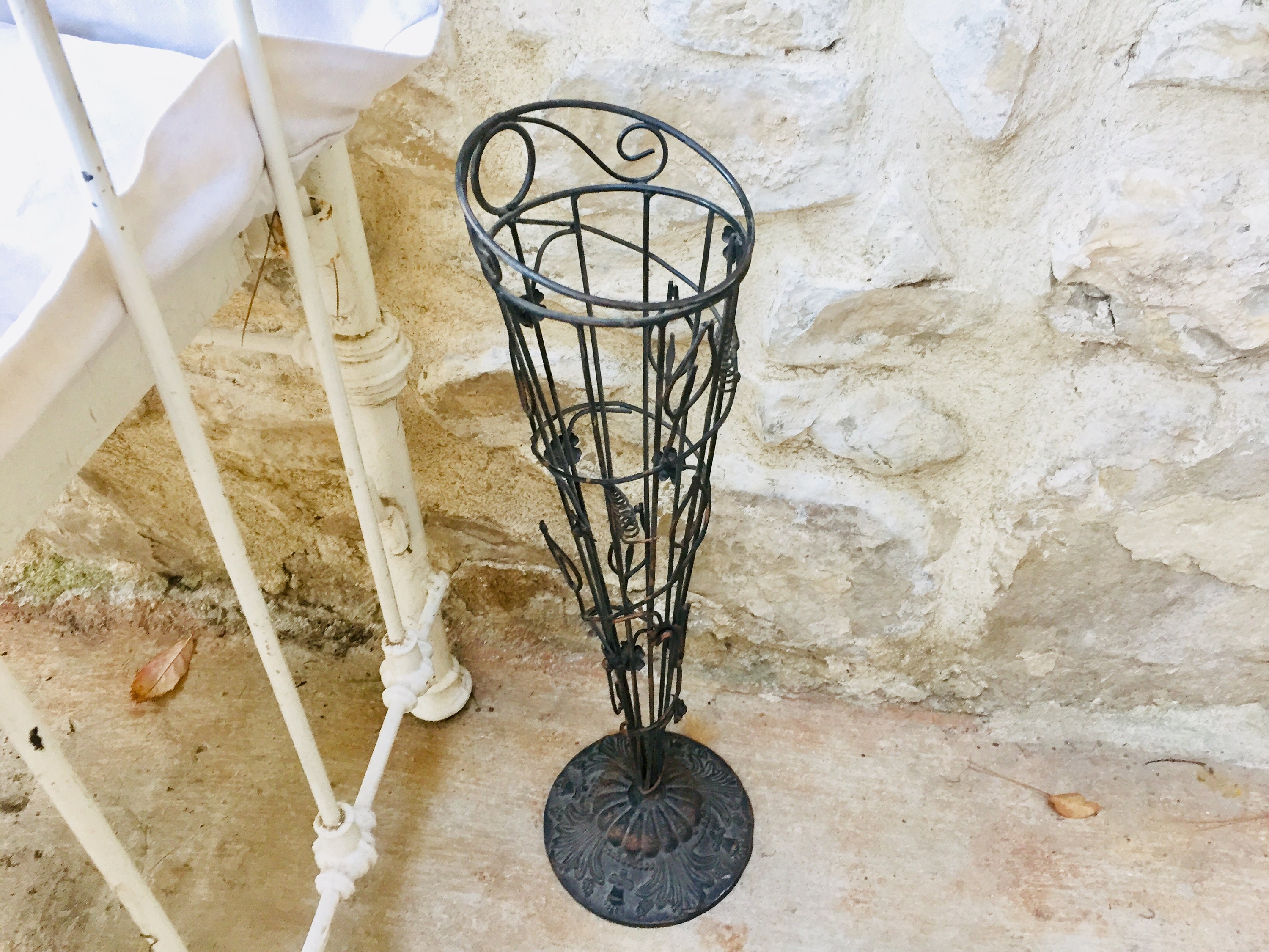 Reserved for Helen***French vintage umbrella stand, mid century cast metal can, walking stick