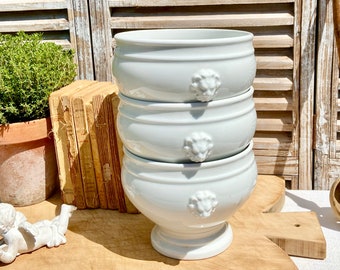 EINE große Löwenkopf Französische Vintage weiße Keramik Terrine Suppenterrine, weiße Porzellan jardinière mit Griffen, Bauernhausküche