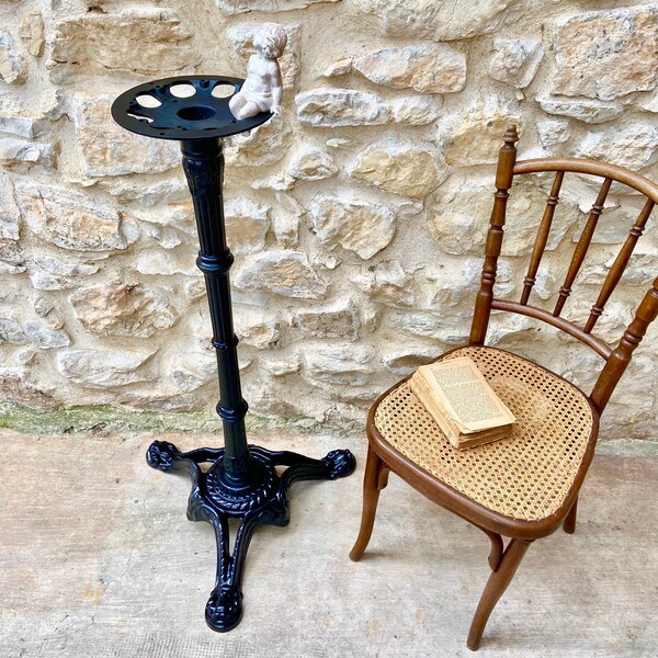 Antique French black cast iron bistro table, authentic Art Deco café table, footed pedestal table leg, iron stand-up pub, café table