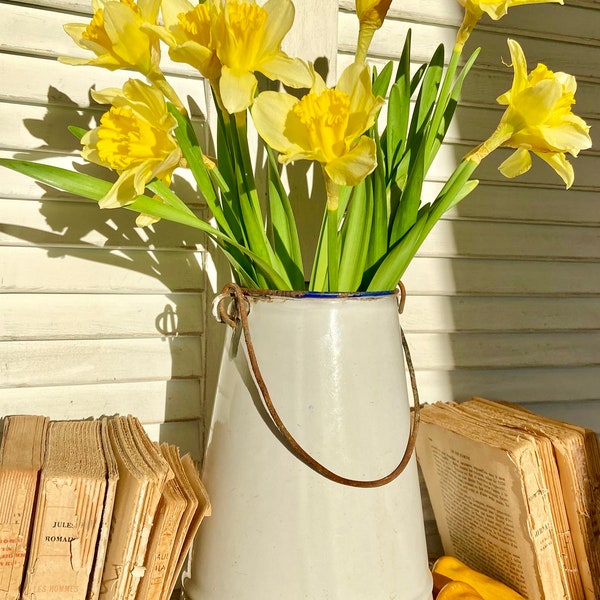 White vintage enamelware milk pail, lovely rustic French enameled bucket with an old wire handle, shabby-chic farmhouse kitchenware