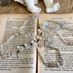 以下が含まれることがあります： 本にクリスタルプリズムがぶら下がっているクローズアップ。本はフランス語のテキストが書かれたページを開いています。クリスタルプリズムは透明なガラス製で、さまざまな形をしています。本は茶色の表面の上に置かれています。