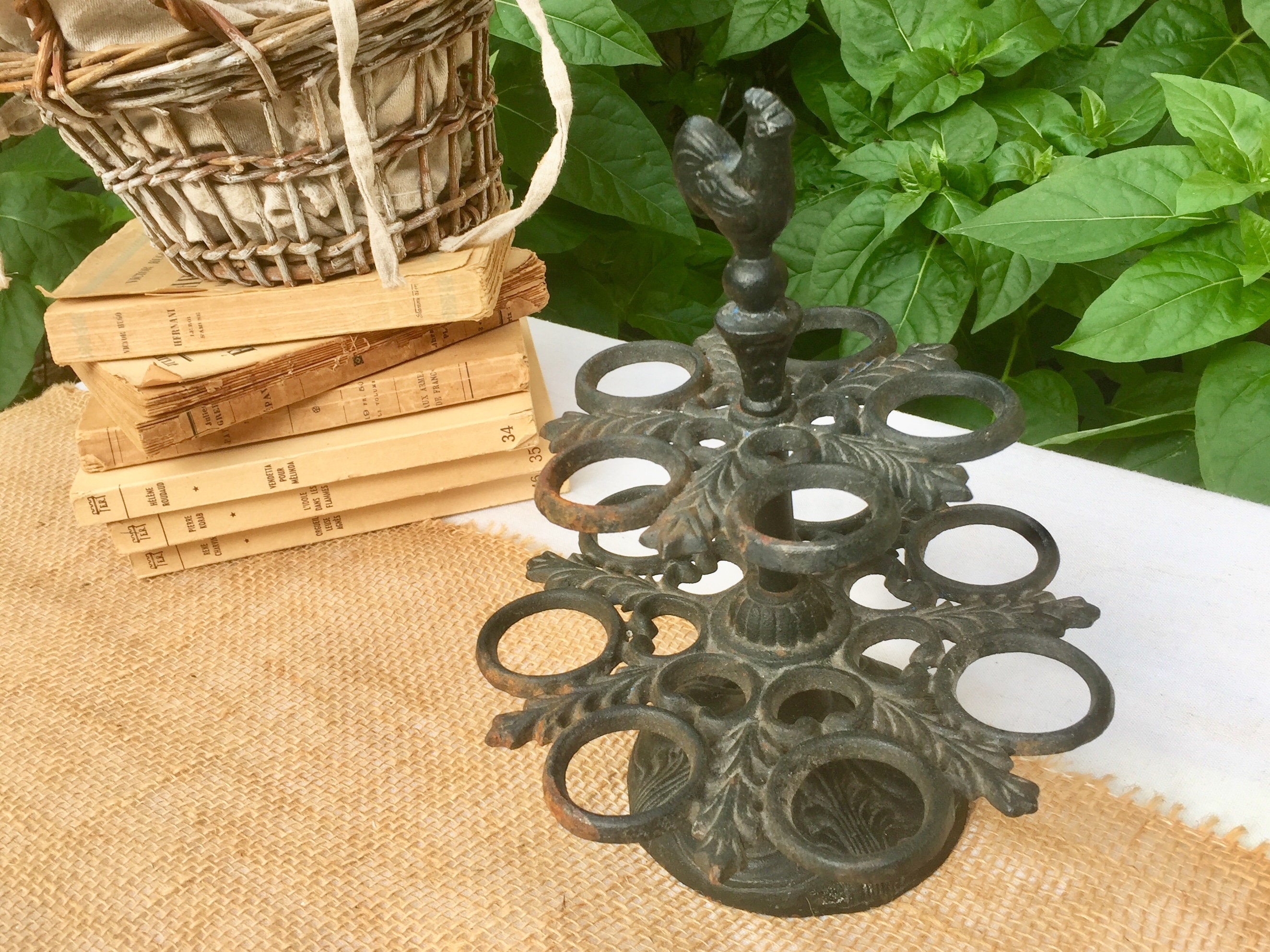 French vintage egg rack, cast metal hen decorated egg display stand