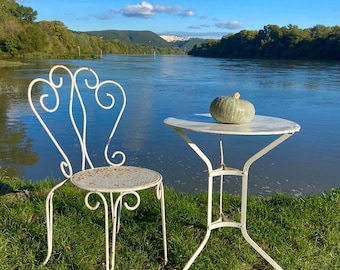Antique French Garden Table: Round White Patio Table with Aged Patina