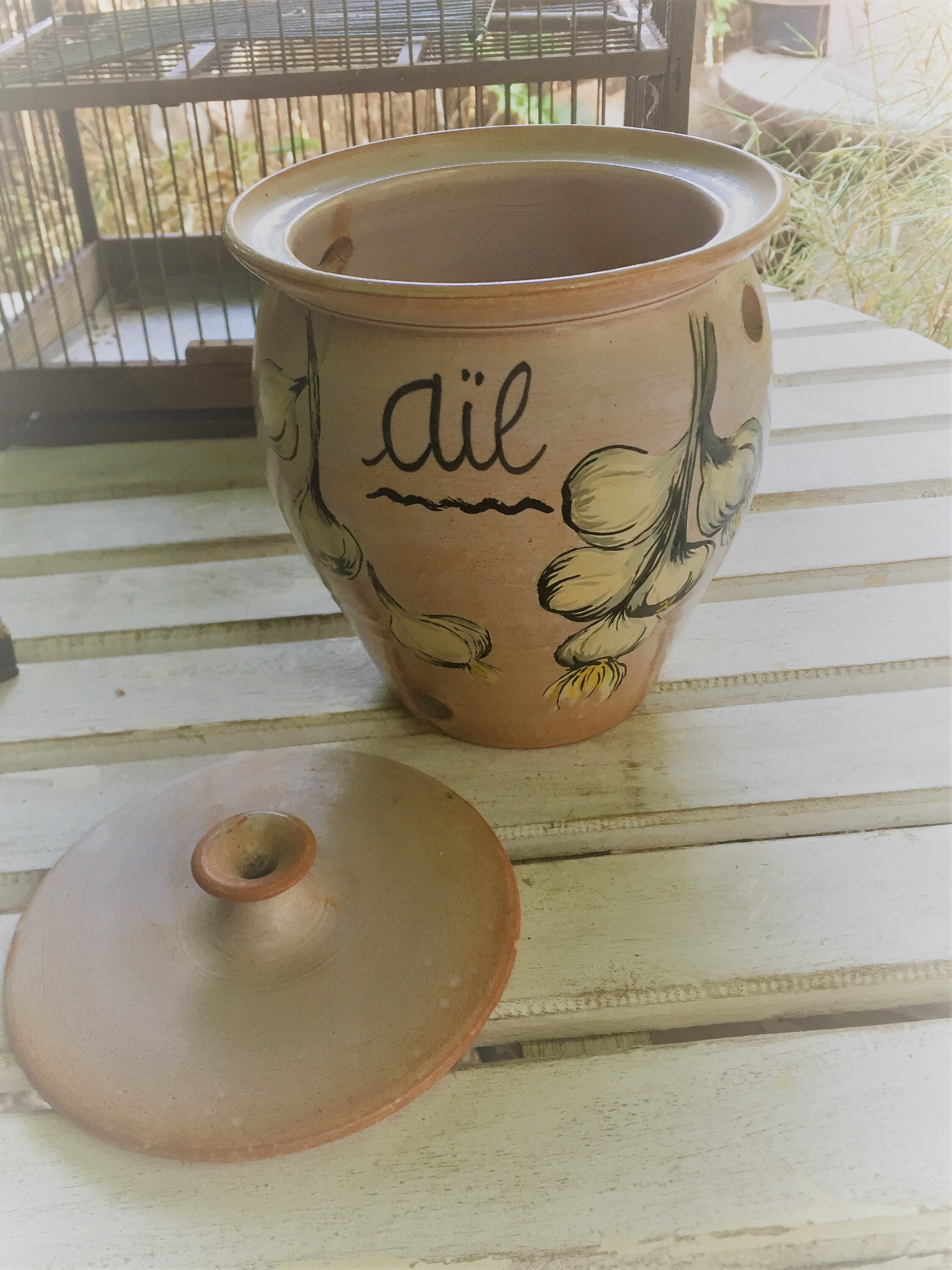 French vintage garlic pot, hand painted stoneware garlic kitchen