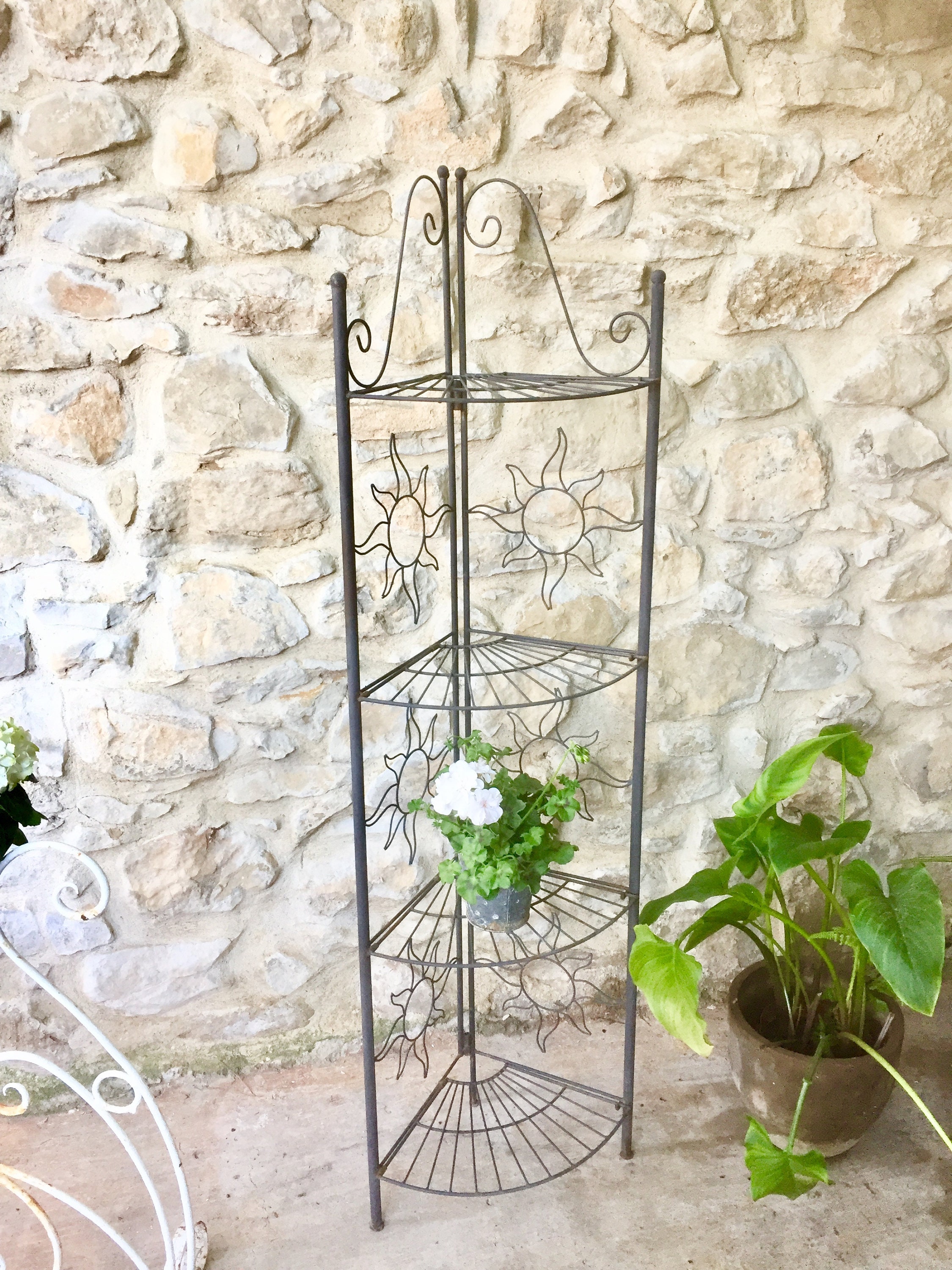 French wrought iron folding shelf, tall 4 tier shabby vintage metal