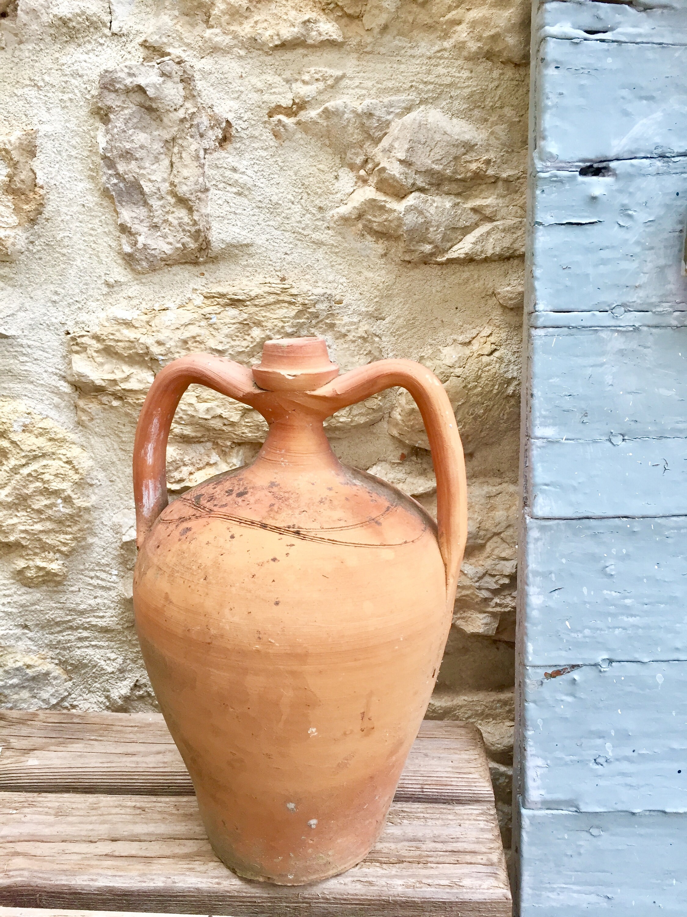Antique terracotta pitcher, tall French handmade 2 handle pottery water