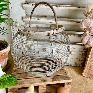 Vintage French Zinc Wire Egg Basket: Rustic Farmhouse Kitchen Decor