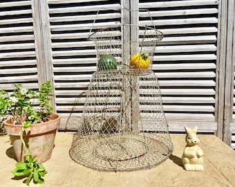 Vintage wire mesh fish basket, folding gold 2 tiered fishing net, old time fisherman's lodge or nautical home décor, gift for fishing fans