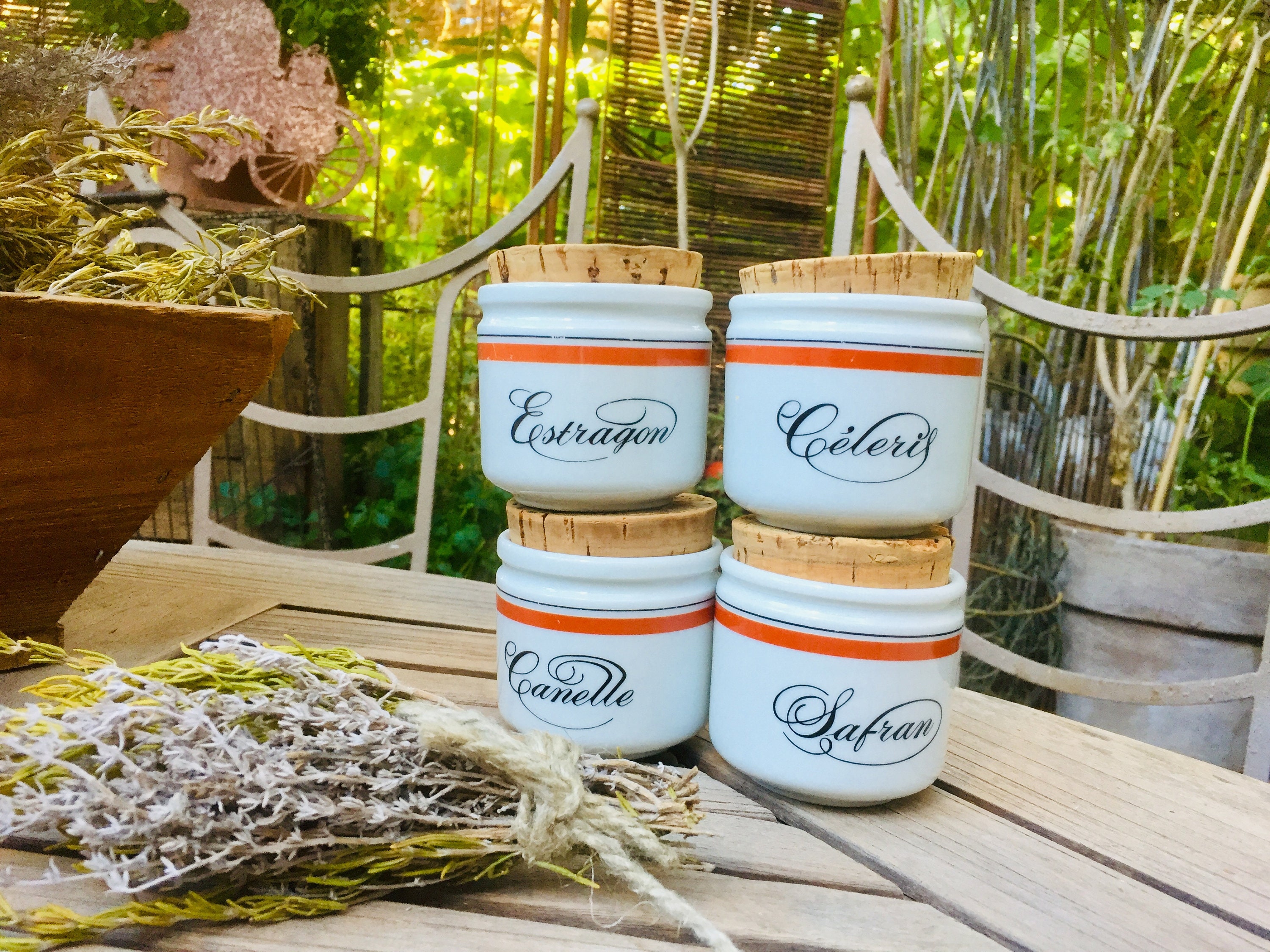 French vintage spice jars and cork lids, Set of 4 porcelain herbs