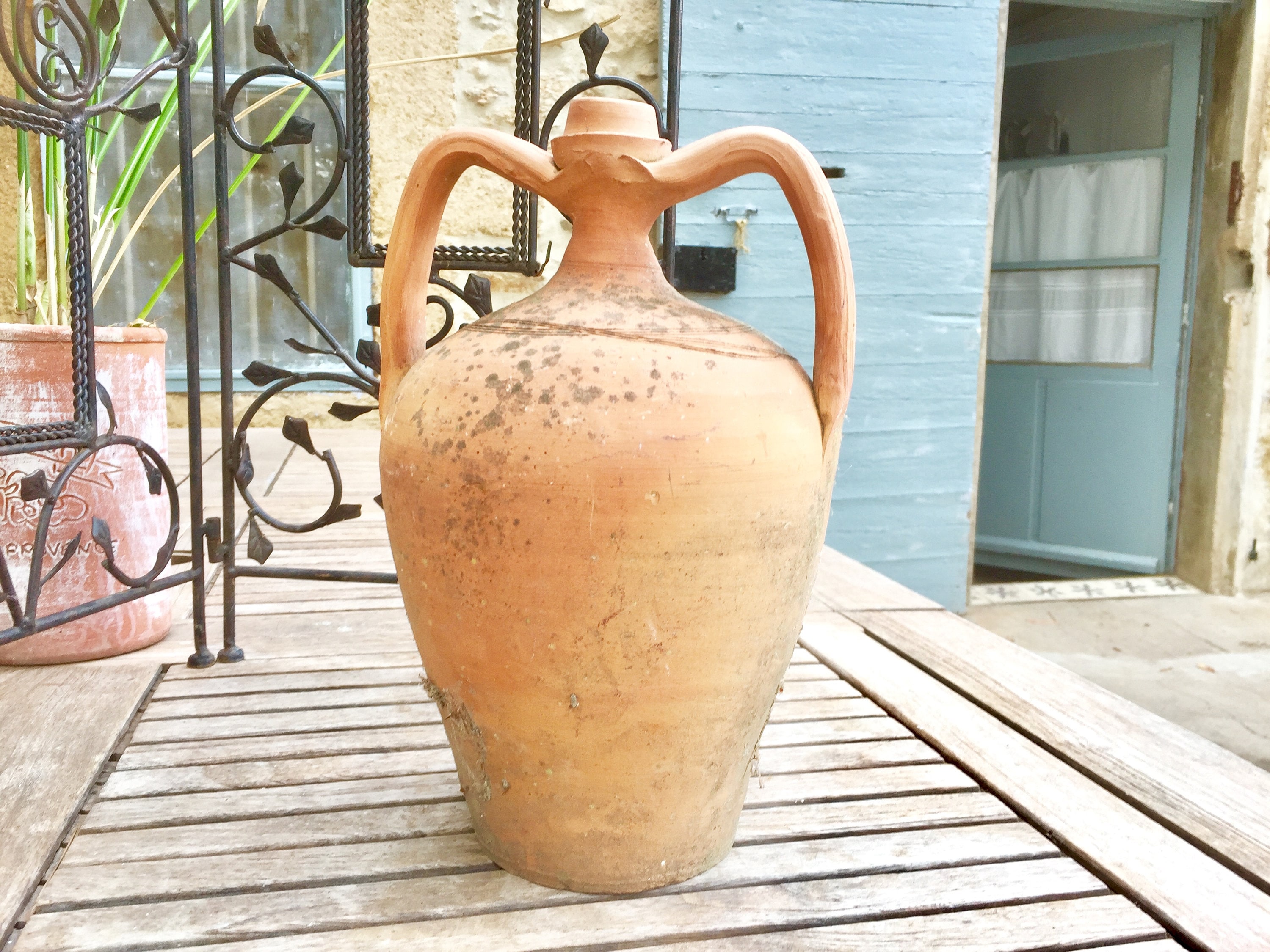 Antique terracotta pitcher, tall French handmade 2 handle pottery water