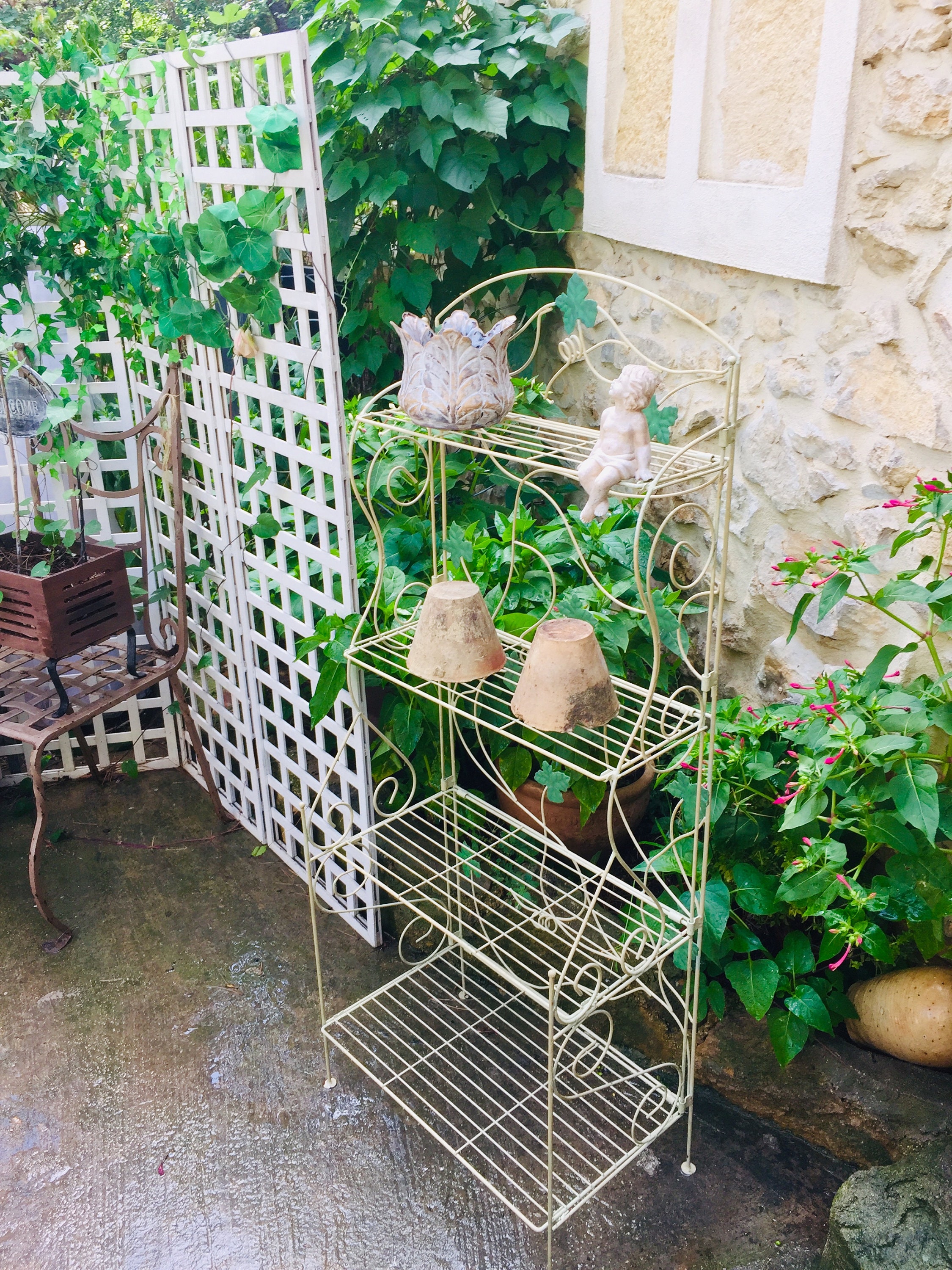 French baker's rack, rustic authentic white free standing folding shelf