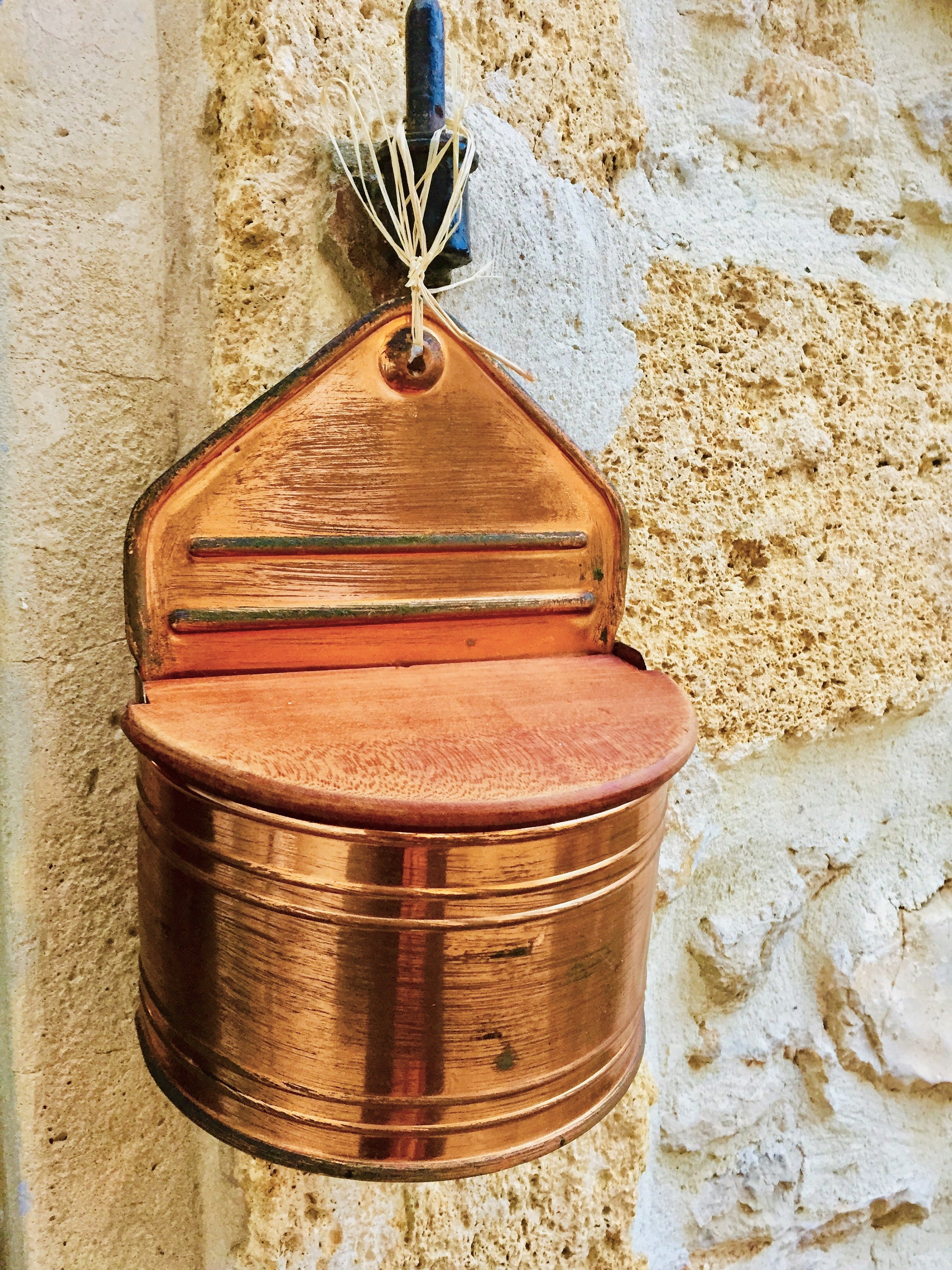 Copper salt box antique copper wall box with wooden lid
