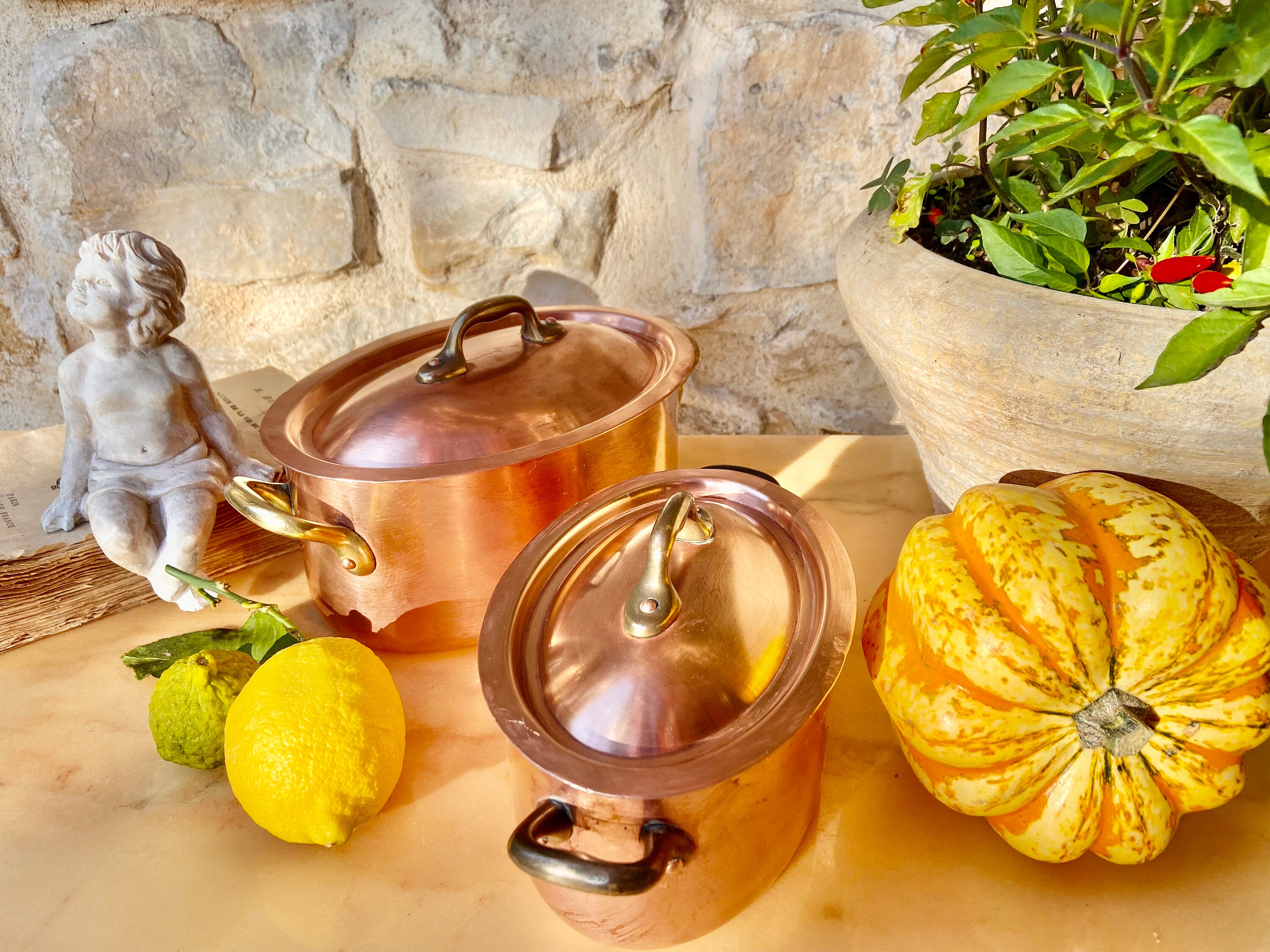 Antique French copper casserole pans with lids, professional bistro cookware, 2 available, tin