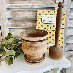 Vintage French wood mortar and pestle, chippy aged patina, antique solid wood pesto, salt, herb grinder, country farmhouse home decor.