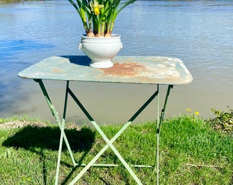 Vintage French patio table, large size rusted faded green top garden table with folding legs, lovely time aged patina, j'adore!