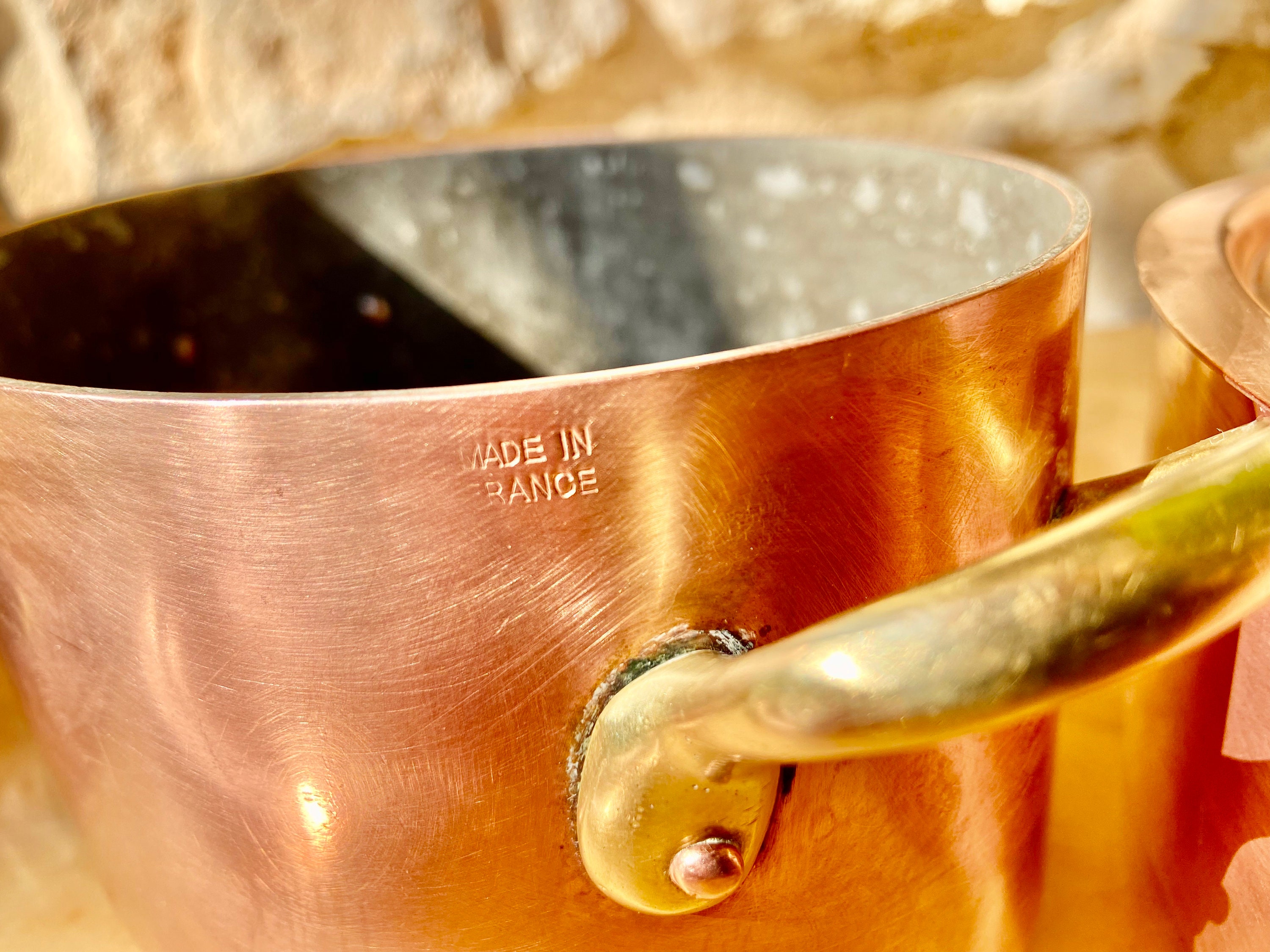 Antique French copper casserole pans with lids, professional bistro cookware, 2 available, tin