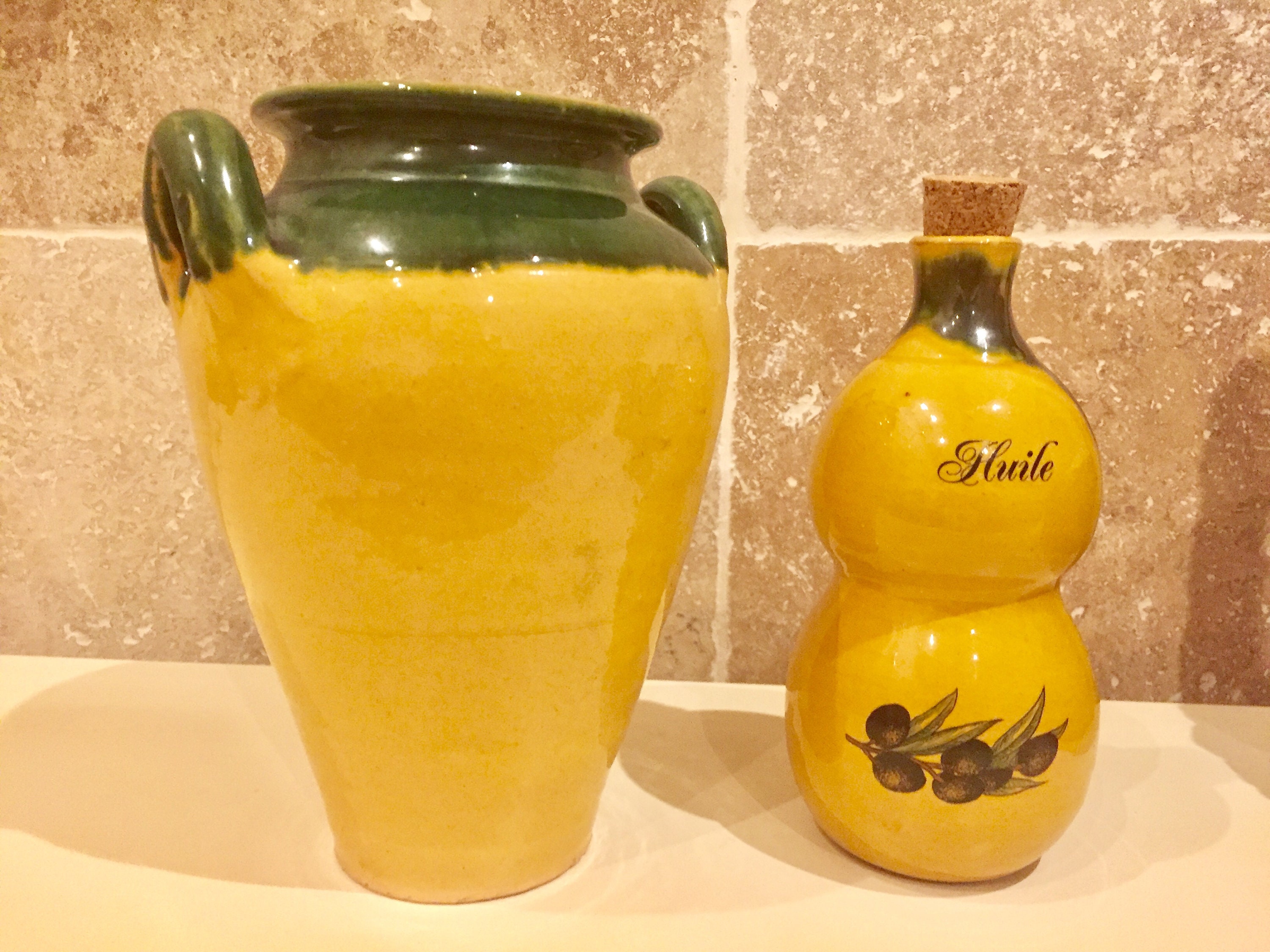Olive oil dispenser, French vintage glazed ceramic oil cruet with cork