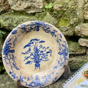 Antike französische GIEN Keramik Platte, Blaue Transferware YEDDO, Bonsai Dekor
