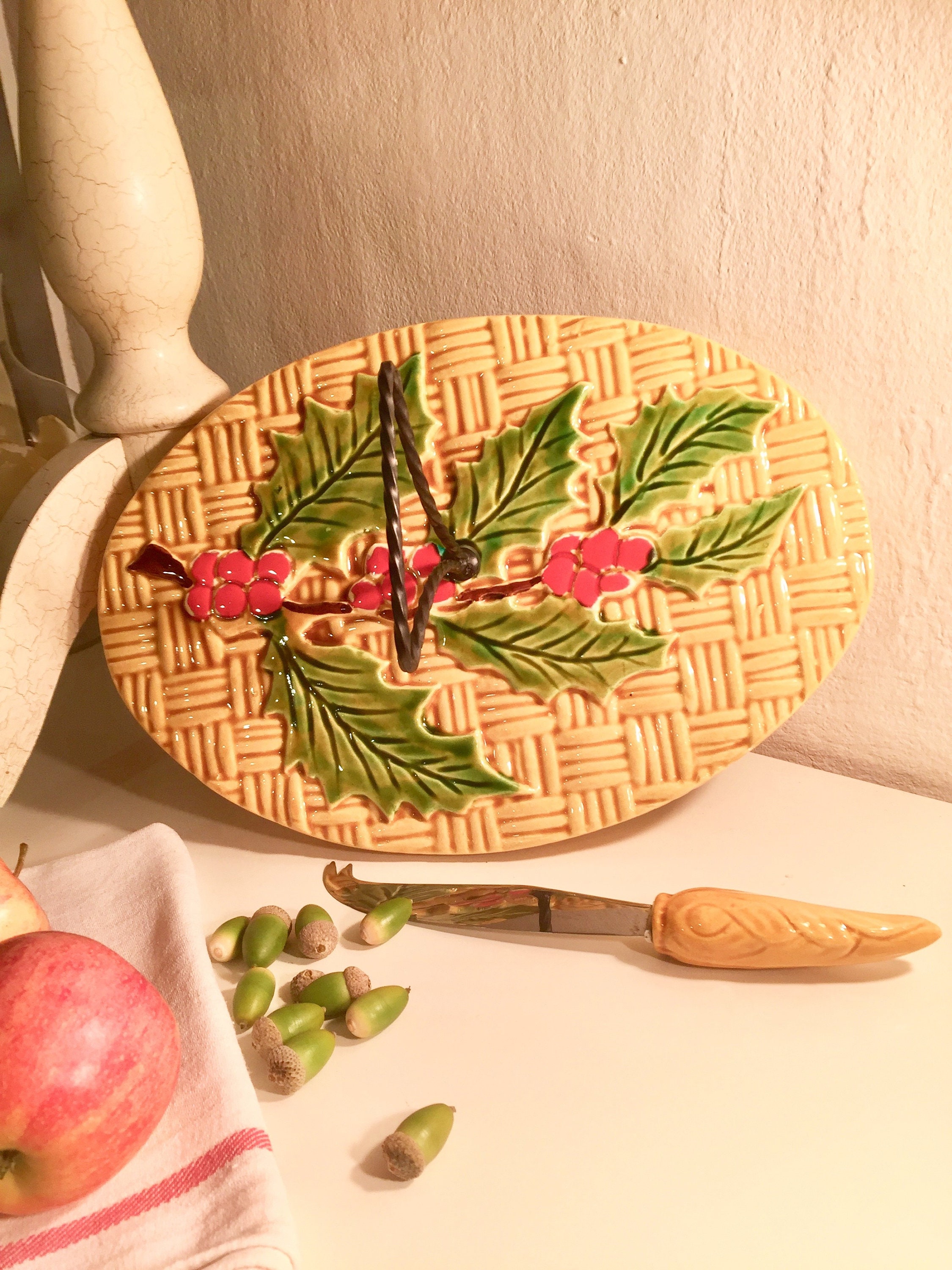 Français Assiette de Fromage et Couteau, Décor Houx Noël, Plateau Français Rétro, Poterie Vallauris